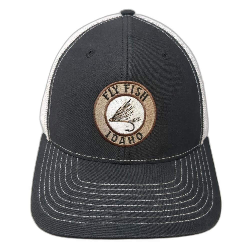 Richardson Trucker Hat Black White One Size Fly Fish Idaho Patch Mesh Snapback